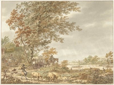 Heuvellandschap met varkenshoeder en andere stoffage, een rivier in de verte door Jacob  Cats