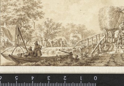 Landschap met vissers in een bootje en hooiwagen op een bruggetje door Jacob  Cats