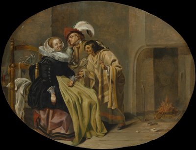 Een paar in een interieur met een zigeuner waarzegster door Jacob Duck