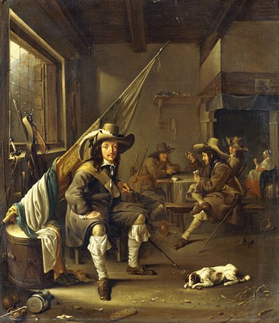 Een zittende ridder met soldaten die kaarten spelen, 1655 door Jacob Duck