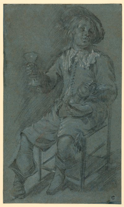 Tekening, zittende cavalier met wijnglas, 1650-60 door Jacob Duck