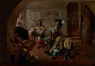 Interieur met soldaten en vrouwen door Jacob Duck