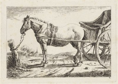Staand paard, voor een wagen gespannen door Jacob Elias van Varelen