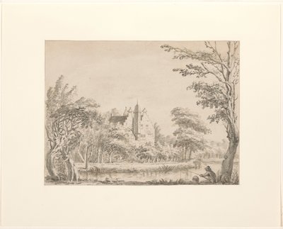 Huis Oudaan met op de voorgrond een hengelaar door Jacob Ernst Marcus