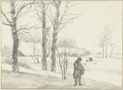 Sneeuwlandschap met staande man door Jacob Ernst Marcus