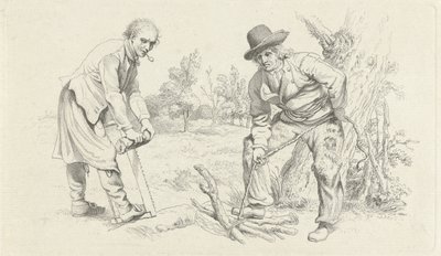 Studieblad met een houtsprokkelaar en een man met zaag door Jacob Ernst Marcus