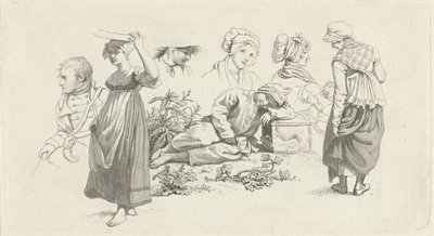 Studieblad met een slapende jongen en figuren door Jacob Ernst Marcus