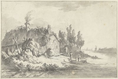 Vervallen boerenhuis aan een rivier door Jacob Ernst Marcus