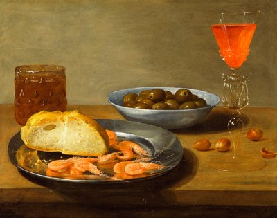 Een bord met garnalen en een rol en kom met olijven door Jacob  Foppens van Es