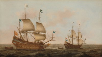 Een oorlogsschip gebouwd voor Frankrijk en een Nederlandse jacht onder zeil door Jacob Gerritz Loef