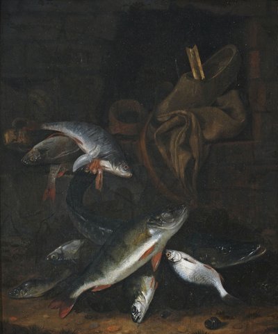 Visstilleven met snoek en brasem op een muur door Jacob Gillig