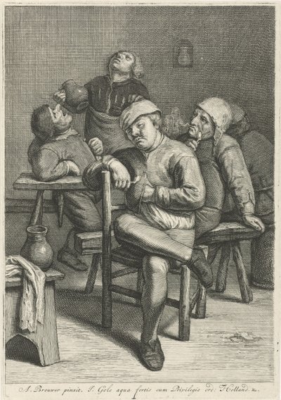 Herbergscène met rokende boeren door Jacob Gole