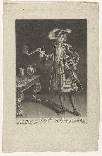 Portret kapitein Jan Bart, staand met pijp door Jacob Gole