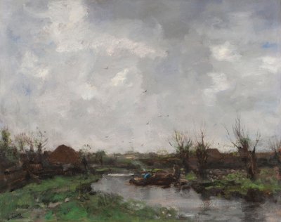 Een rivierlandschap met boerderijen, eind jaren 1870 door Jacob Henricus or Hendricus Maris