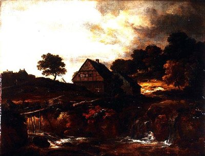 Boslandschap met boer op een brug over een stroom door Jacob I. van (follower of) Ruisdael