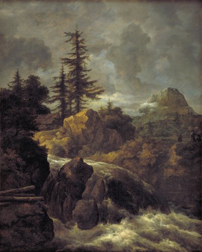 Landschap met een Waterval en een Hut door Jacob van Ruisdael