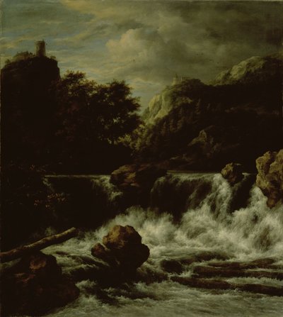 Bergachtig landschap met waterval door Jacob van Ruisdael