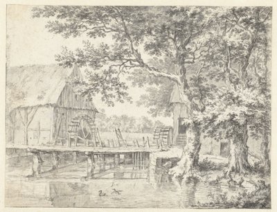 Gezicht op twee watermolens aan weerszijden van een sluis door Jacob van Ruisdael