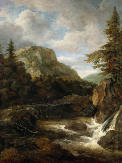 Berglandschap met waterval door Jacob van Ruisdael
