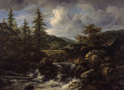 Bosrijk landschap met waterval door Jacob van Ruisdael