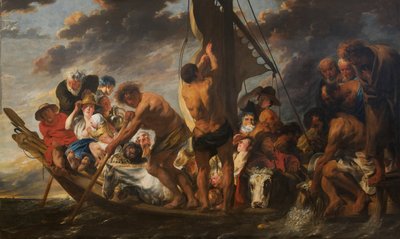 Het Tribuutgeld. Peter vindt de zilveren munt in de bek van de vis. Ook wel "De veerboot naar Antwerpen" genoemd. door Jacob Jordaens