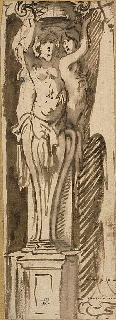 Drie kariatiden die een mand ondersteunen door Jacob Jordaens