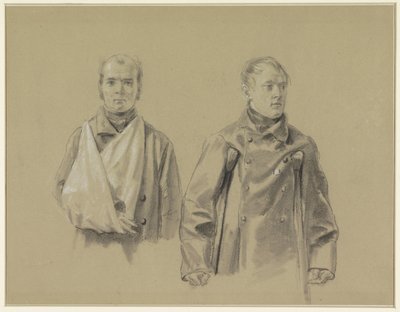 Twee gewonde soldaten, de linker met zijn arm in een mitella, de rechter op krukken door Jacob Joseph Eeckhout