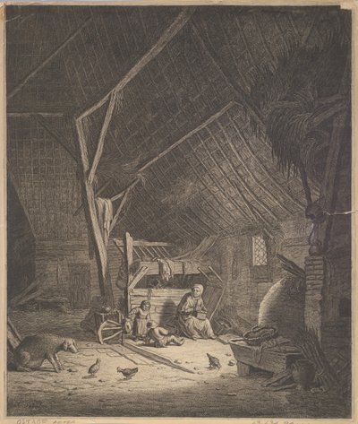 Interieur van een schuur met moeder en twee kinderen, vooraan een varken, kopie, 17e eeuw door Jacob Louys