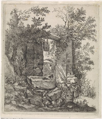 Vervallen stenen poort in een landschap door Jacob Lutma