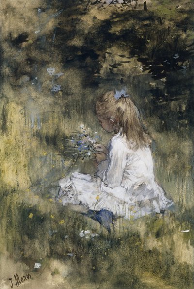 Een meisje met bloemen op het gras door Jacob Maris