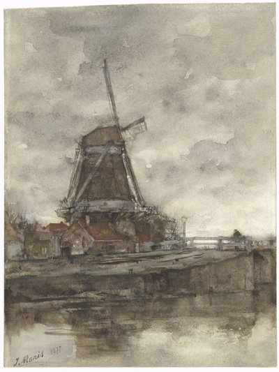 Molen en de brug bij de Noord-West-Buitensingel in Den Haag door Jacob Maris