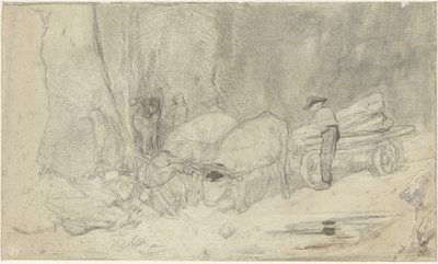 Ossenwagen op bergweg door Jacob Maris