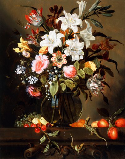 Een Boeket Bloemen met Fruit en twee Zandhagedissen op een Stenen Lijst, 1647 door Jacob Marrel