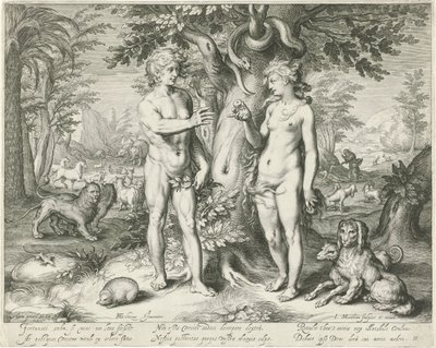 Adam en Eva in het paradijs door Jacob Matham