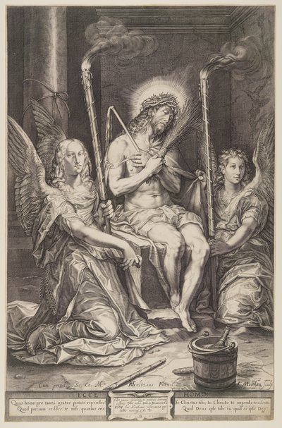 Christus op de koude steen met twee engelen door Jacob Matham
