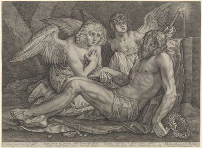 Christus in de graftombe, met twee engelen door Jacob Matham