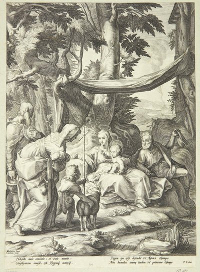 De heilige familie zittend in een landschap met Elisabeth, Zacharias en Johannes de Doper als kind door Jacob Matham