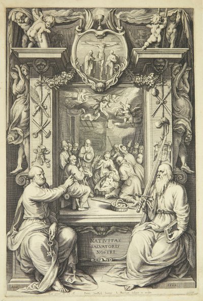 Aanbidding der herders met Petrus en Paulus in een allegorisch kader door Jacob Matham