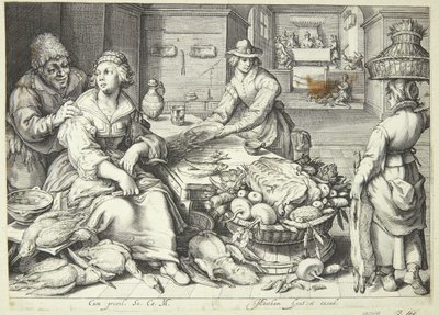 Keukenscène met een keukenmeid die gevogelte plukt door Jacob Matham