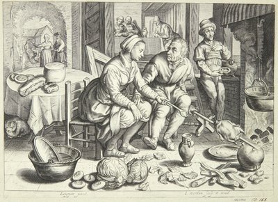 Keukenscène met een man en een vrouw die een kip braden door Jacob Matham