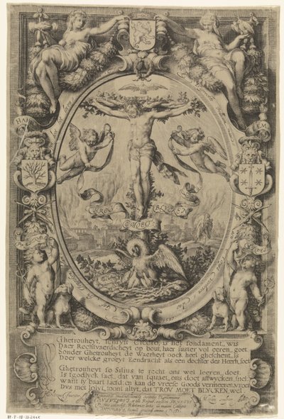 Kruisiging in allegorische omlijsting door Jacob Matham