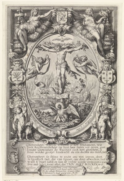 Kruisiging in allegorische omlijsting door Jacob Matham