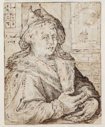 Portret van een man met muts en pelsomrande mantel, naar rechts gekeerd. Rechtsboven door een raamopening uitzicht op andere kamers door Jacob Matham