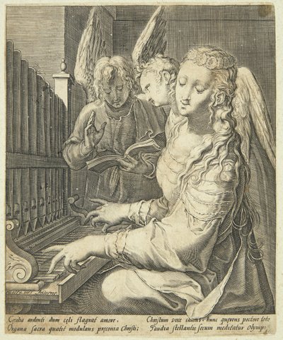 Sint Cecilia spelend op het orgel door Jacob Matham