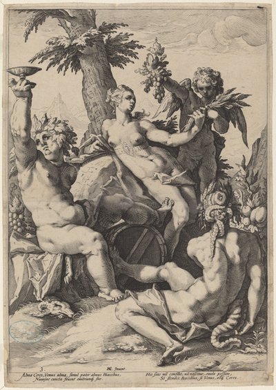 Alliantie van Venus met Bacchus en Ceres door Jacob Matham, after Hendrick Goltzius