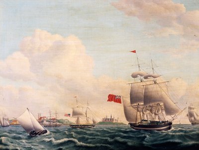 Schepen varen door de Sont tussen Zweden en Denemarken met Kasteel Kronborg op de achtergrond door Jacob Petersen