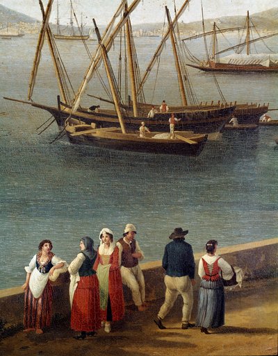 Groepen mensen op de kade van de haven van Gaeta (detail) door Jacob Philippe Hackert