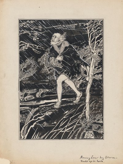 Ontwerp illustratie voor King Lear van Shakespeare: King Lear bij stormnacht op de heide door Jacob Pieter van den Bosch
