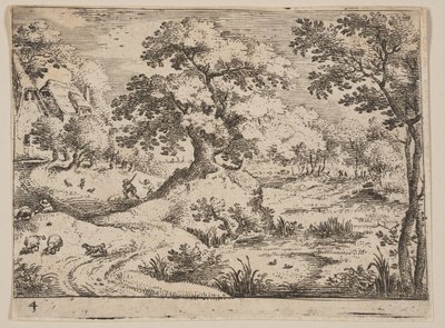 Pad bij een moeras: Herdershond en schapen, uit Landschappen door Jacob Savery I