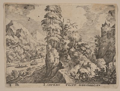 Pad met reizigers rechts van rivier, uit Landschappen door Jacob Savery I